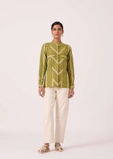 A Model Wearing Multicolor Handwoven Cotton Wilde Green Striped Ikat Shirt, curated by Only Ethikal