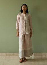 A Model Wearing Pink Linen Aline Mandarin Collar Border Linen Shirt- Blush, curated by Only Ethikal