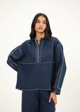 A Model Wearing Navy Blue Linen Blue Linen Top Stitch Detail Top , curated by Only Ethikal