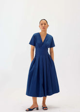 Poplin Blue V-Neck Box Pleat Midi Dress