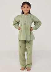 A Model Wearing Mint Linen Kids Akavi Pleated Floral Linen Co-Ord Set- Mint, curated by Only Ethikal