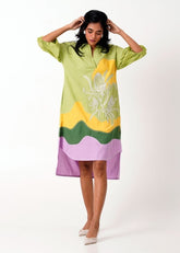 A Model Wearing Multicolor Handloom Cotton Oask Midi Dress, curated by Only Ethikal