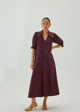 Poplin Maroon Point Collar A-Line Midi Dress