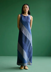 A Model Wearing Navy Linen Akito Bias Linen Stripe Dress- Navy, curated by Only Ethikal