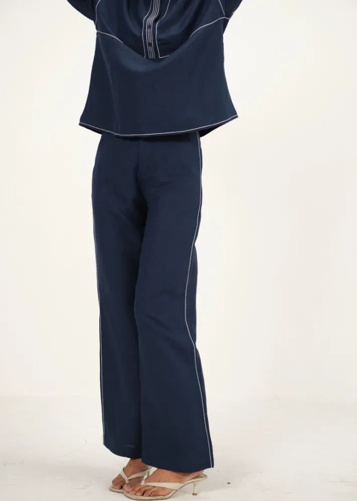 Navy Blue Viscose Rayon Straight Pant