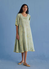 Nami Floral Printed Linen Dress - Mint