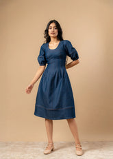 A Model Wearing Blue Upcycled Denim Isabelle Upcycled Denim Dress, curated by Only Ethikal