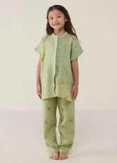 A Model Wearing Mint Linen Kids Aboli Patchwork Linen Co-Ord Set- Mint, curated by Only Ethikal