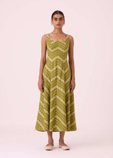 A Model Wearing Multicolor Handwoven Cotton Zosima Green Striped Ikat Dress, curated by Only Ethikal