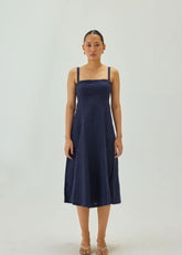 Linen Indigo Dress With Square Neckline