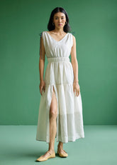 A Model Wearing Ivory Linen Aria Metallic Linen Dress- Ivory, curated by Only Ethikal