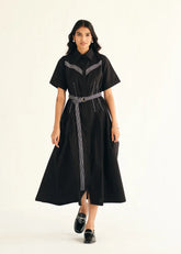 A Model Wearing Black Poplin Black Poplin Shirt Dress With Top Stitch, curated by Only Ethikal