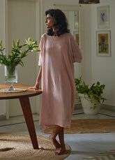 Woman wearing Pink Pure Cotton French Rose Kaftan by Kharakapas curated by Only Ethikal