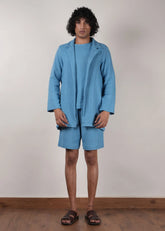 Men'S Crush Cotton Blue Shawl Jacket