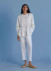 Akavi Pleated Floral Linen Co-Ord Set-White