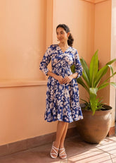 A Model Wearing Multicolor Vegan Silk Amber Dress- Oasis Blue Print, curated by Only Ethikal