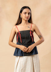 A Model Wearing Blue Upcycled Denim Sunhat Spell Denim Top, curated by Only Ethikal