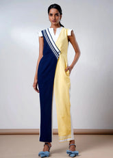 A Model Wearing Multicolor Handloom Cotton Moonstone Cotton Denim Jumpsuit , curated by Only Ethikal