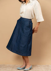 A Model Wearing Blue Upcycled Denim Starglade Denim Skirt, curated by Only Ethikal