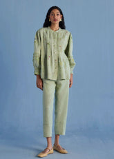 Akavi Pleated Floral Linen Co-Ord Set-Mint