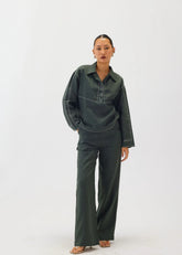 Linen Green Top Stitch Top