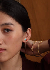 A Model Wearing Gold 18k Gold plated over brass Coral + Turquoise Stud W/ Chain, curated by Only Ethikal