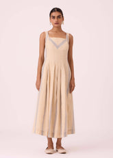 A Model Wearing Multicolor Handwoven Cotton Bosie Beige Handwoven Dress, curated by Only Ethikal