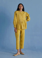 Akavi Pleated Floral Linen Co-Ord Set-Ochre
