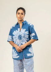 A Model Wearing Blue Upcycled Cotton Martin Unisex Shirt, curated by Only Ethikal