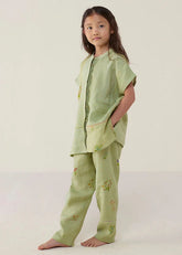 A Model Wearing Mint Linen Kids Aboli Patchwork Linen Shirt- Mint, curated by Only Ethikal