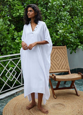 Women wearing ecofriendly white salt kaftan by karakappas curated by only ethikal