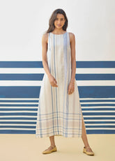 A Model Wearing Multicolor Linen Inara Modern Check Linen Dress- Ivory, curated by Only Ethikal