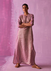 A Model Wearing Lavender Linen Faiza Metallic Linen Dress- Lavender, curated by Only Ethikal