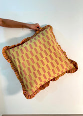 Stripe Break Cotton Ruffle Cushion Cover- Mustard & Peach