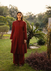 A Model Wearing Brown Wool Aleeza Set- Maroon, curated by Only Ethikal