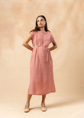 A Model Wearing Pink Organic Cotton Erna Organic Cotton Dress With Waist Belt, curated by Only Ethikal