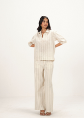 A Model Wearing Off White Linen Off-White & Green Linen Striped Collar Neck Top & Pant Co-Ord Set, curated by Only Ethikal