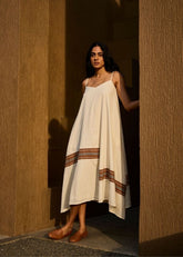 A Model Wearing Multicolor Handwoven Cotton Jane Handwoven Striped Maxi Dress , curated by Only Ethikal