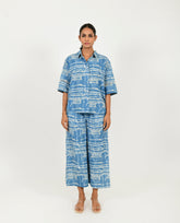 A Model Wearing Blue Linen Indigo Splash Shirt Linen Co-Ord Set , curated by Only Ethikal