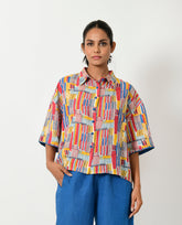 A Model Wearing Multicolor Organic Cotton Scribble Hand Block Linen Crop Shirt , curated by Only Ethikal