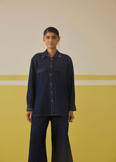 A Model Wearing Organic Cotton Denim Grow With A Flow Denim Shirt , curated by Only Ethikal