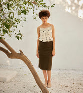 A Model Wearing Multicolor,Pure Cotton Olive Pencil Skirt curated by Only Ethikal