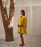 A Model Wearing Yellow Pure Cotton Marigold Dress curated by Only Ethikal