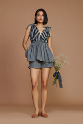 Grey With Charcoal Striped Frill Top And Shorts Co-Ord Set