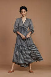 Tiered Frill Grey Striped Dress