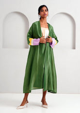 A Model Wearing Green Handloom Chanderi Silk Dallas Jacket, curated by Only Ethikal