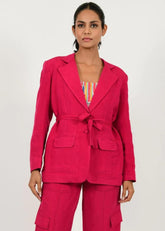 A Model Wearing Pink Organic Cotton Viva Magenta Linen Cargo Jacket, curated by Only Ethikal