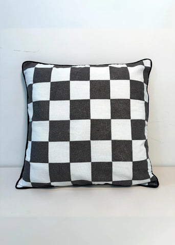 Classic Checks Cotton Block Printed Cushion Cover- Black & White