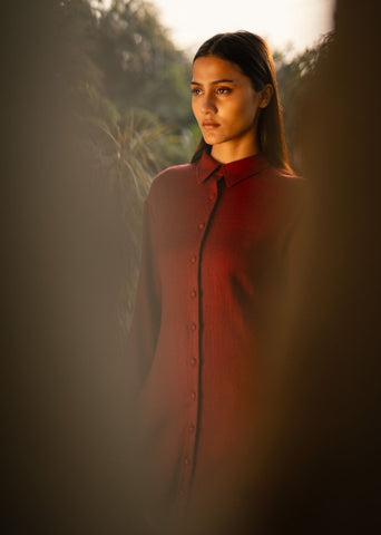 A Model Wearing Brown Wool Aleeza Set- Maroon, curated by Only Ethikal