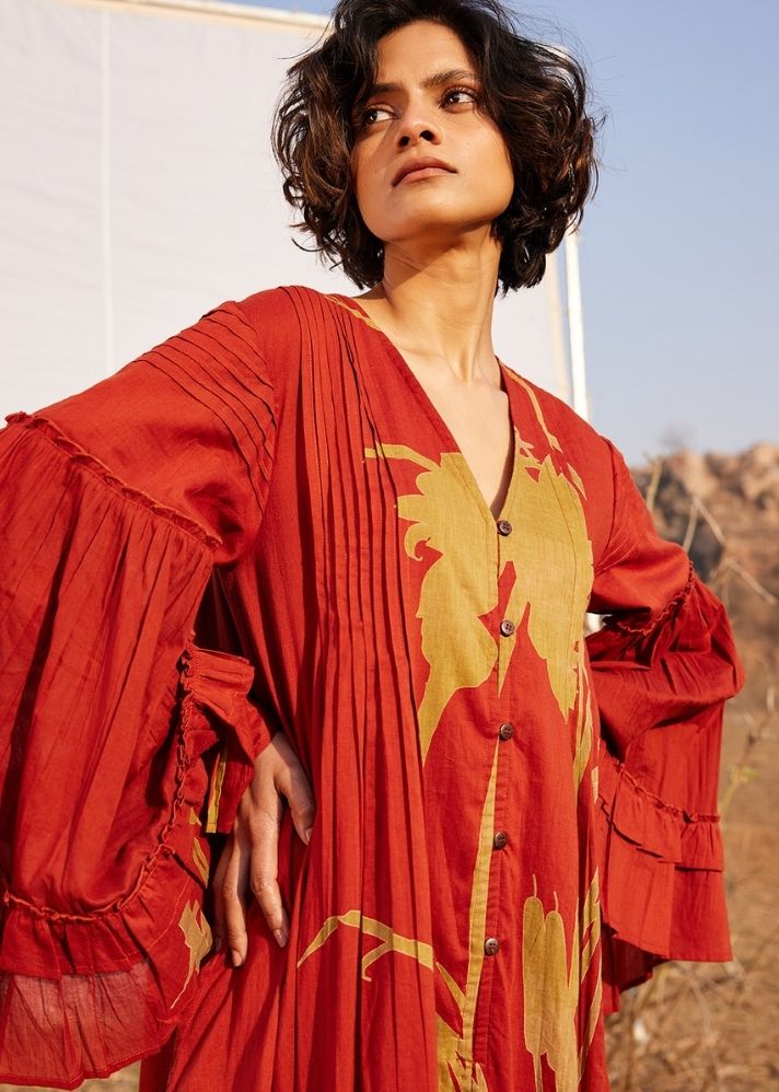 A Model Wearing Red Cotton Mul Mahogany curated by Only Ethikal